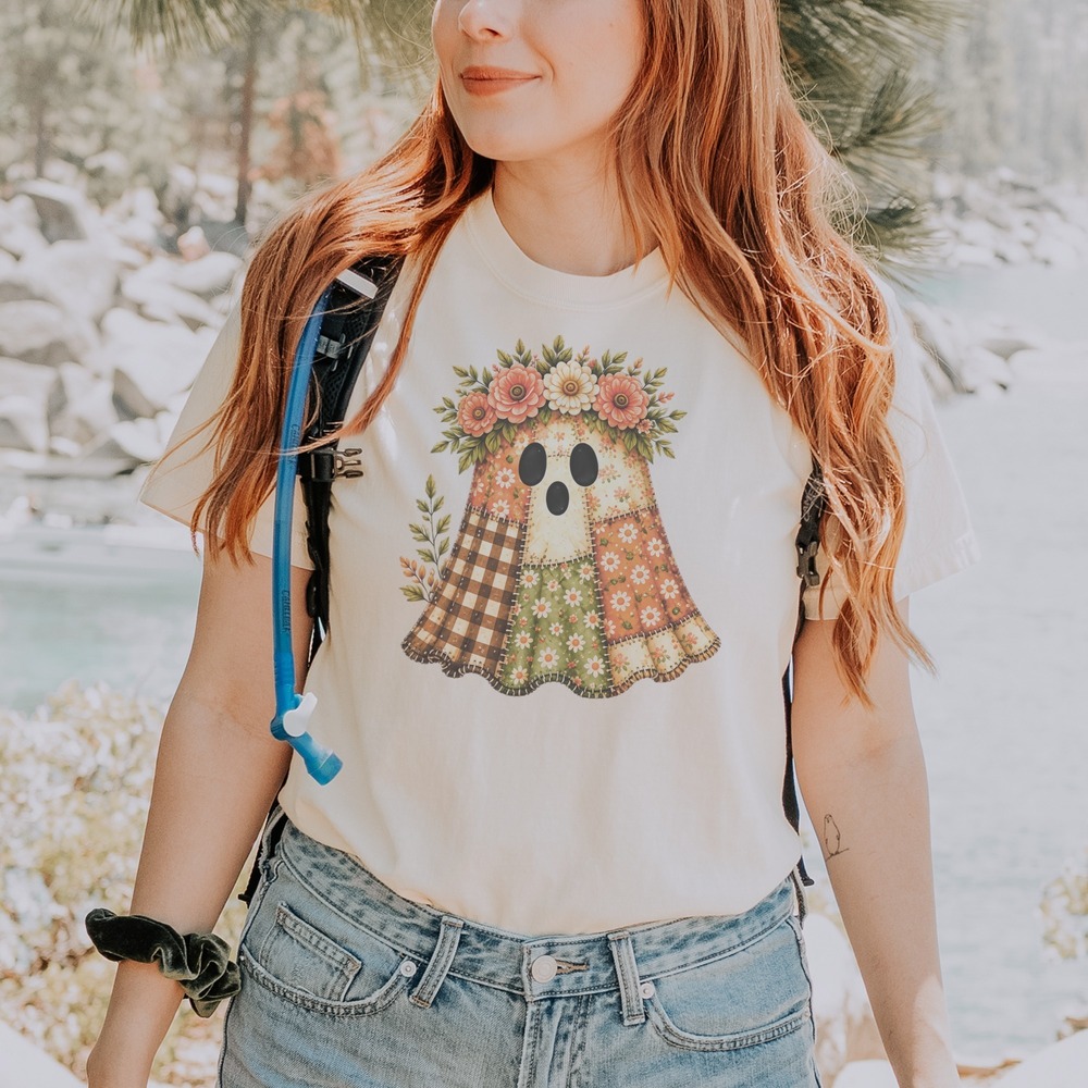 Patchwork Ghost Wearing a Peony Crown Tee